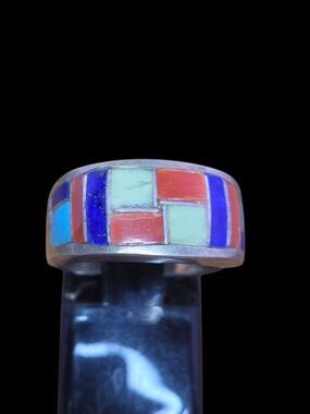 Sterling Silver Multicolor Inlay Band Ring - Size 5.5 Southwest Geometric
